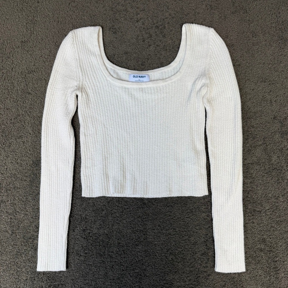 Old Navy Womens XS Cream Ribbed‎ Knit Scoop Neck Long Sleeve Cropped Top
